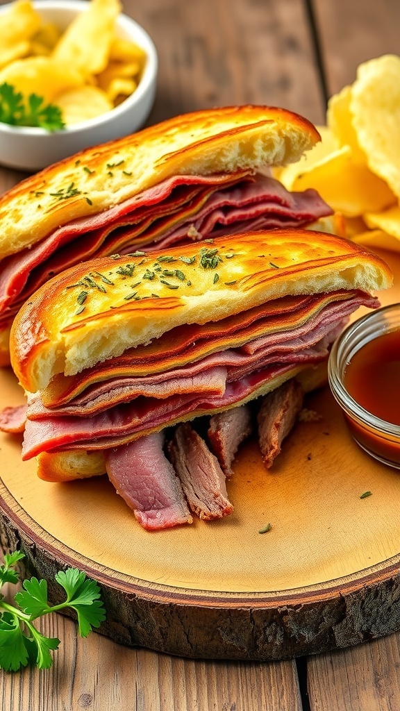 Garlic Bread French Dip Sandwich Garlic bread French dip sandwich with roast beef and au jus on a wooden board.